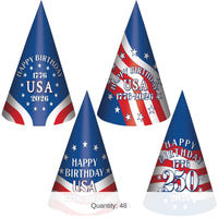 48 Pack Bulk Semiquincentennial Cone Hats Patriotic Party Fun