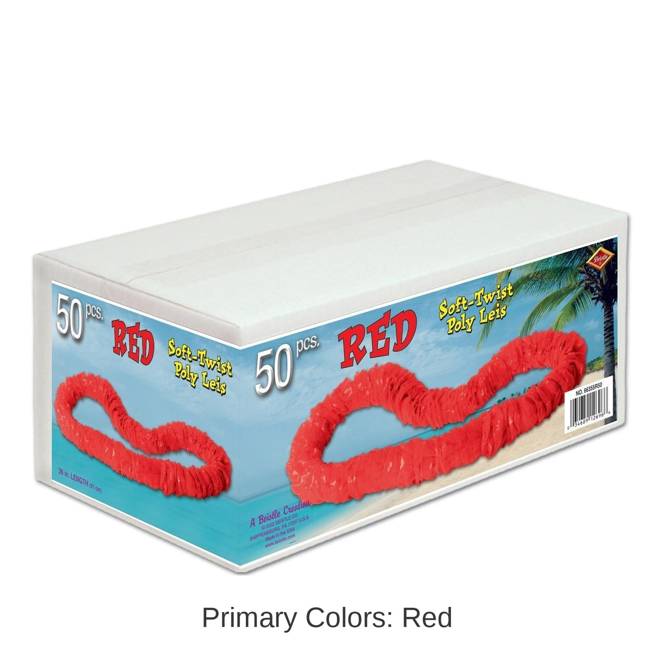 50 Pack Bulk Luau Red Party Soft-Twist Poly Leis with Labeled Box