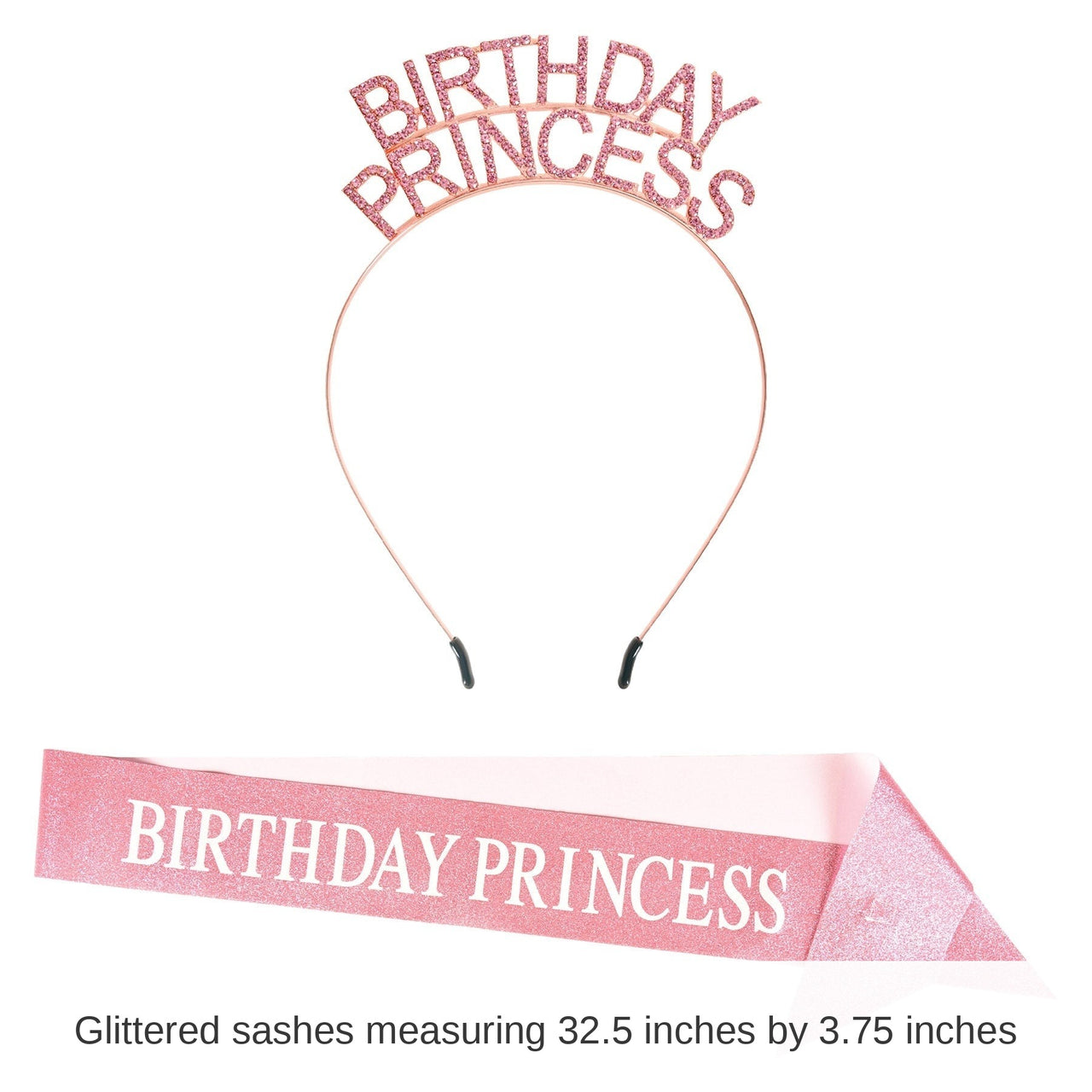 6 Pack Bulk Birthday Princess Headband/Glittered Sash Set