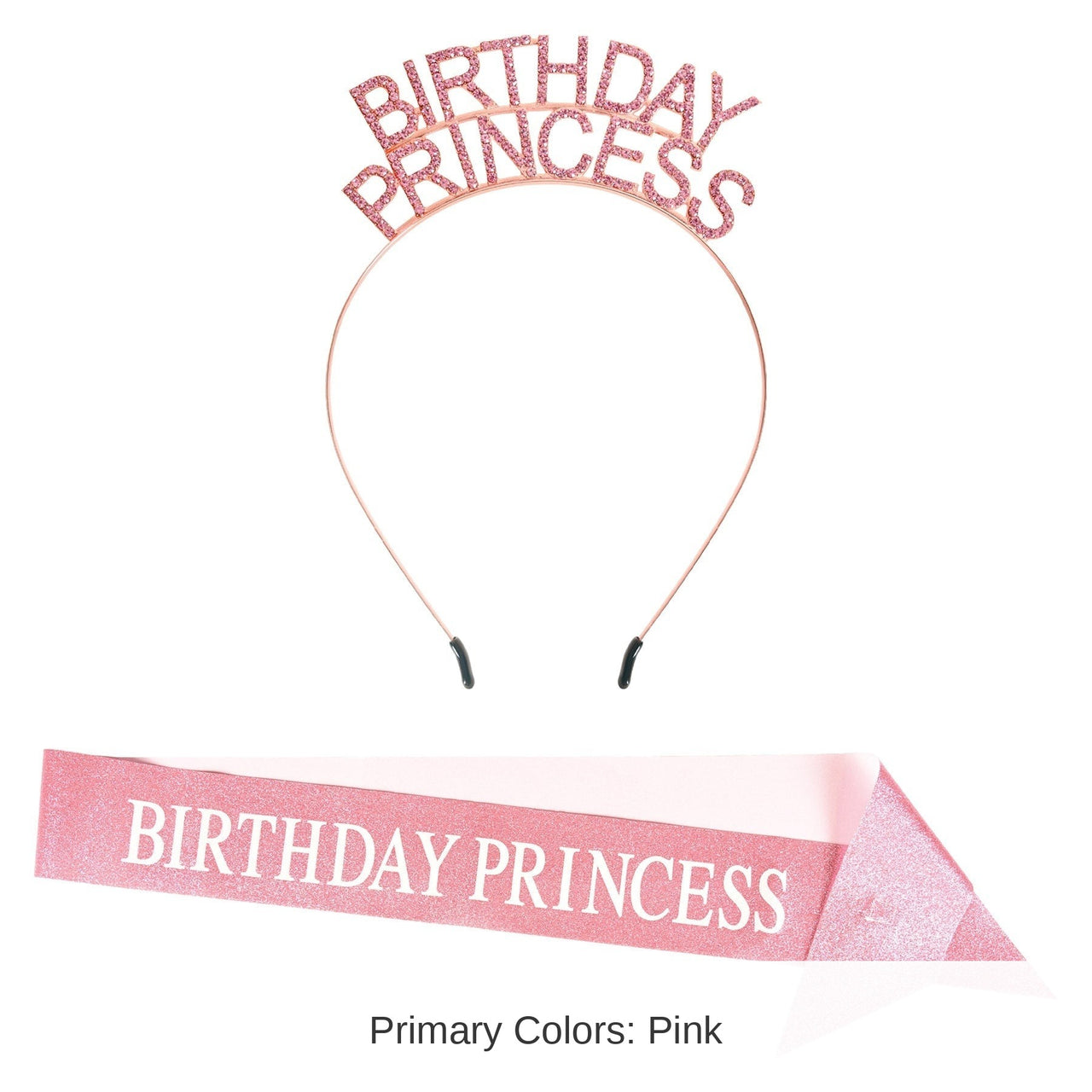 6 Pack Bulk Birthday Princess Headband/Glittered Sash Set
