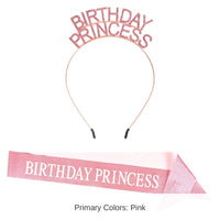 6 Pack Bulk Birthday Princess Headband/Glittered Sash Set