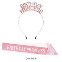 6 Pack Bulk Birthday Princess Headband/Glittered Sash Set