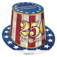 25 Pack Bulk Semiquincentennial Patriotic Paper Hi-Hats