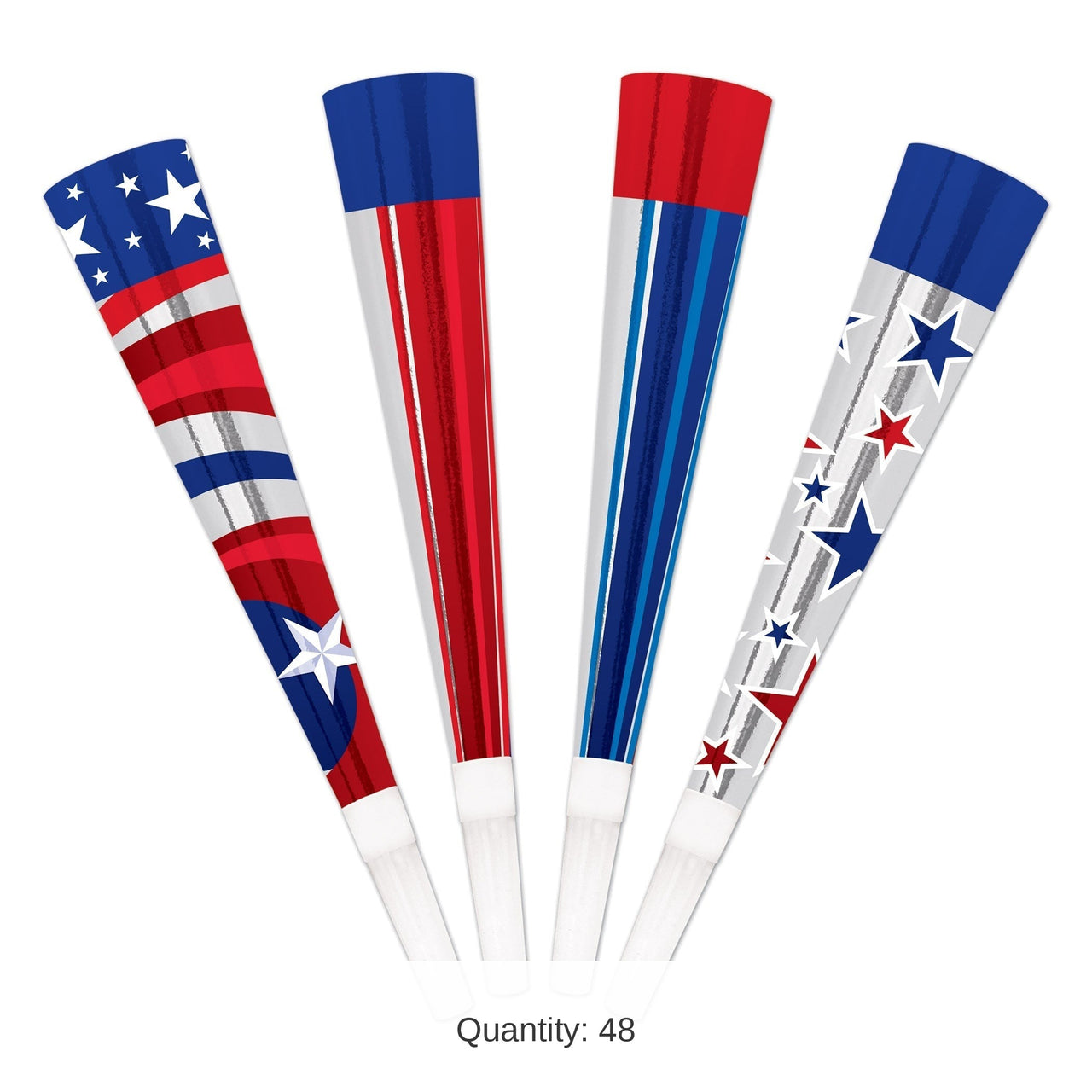 48 Pack Bulk Patriotic Foil Horns Assorted Designs