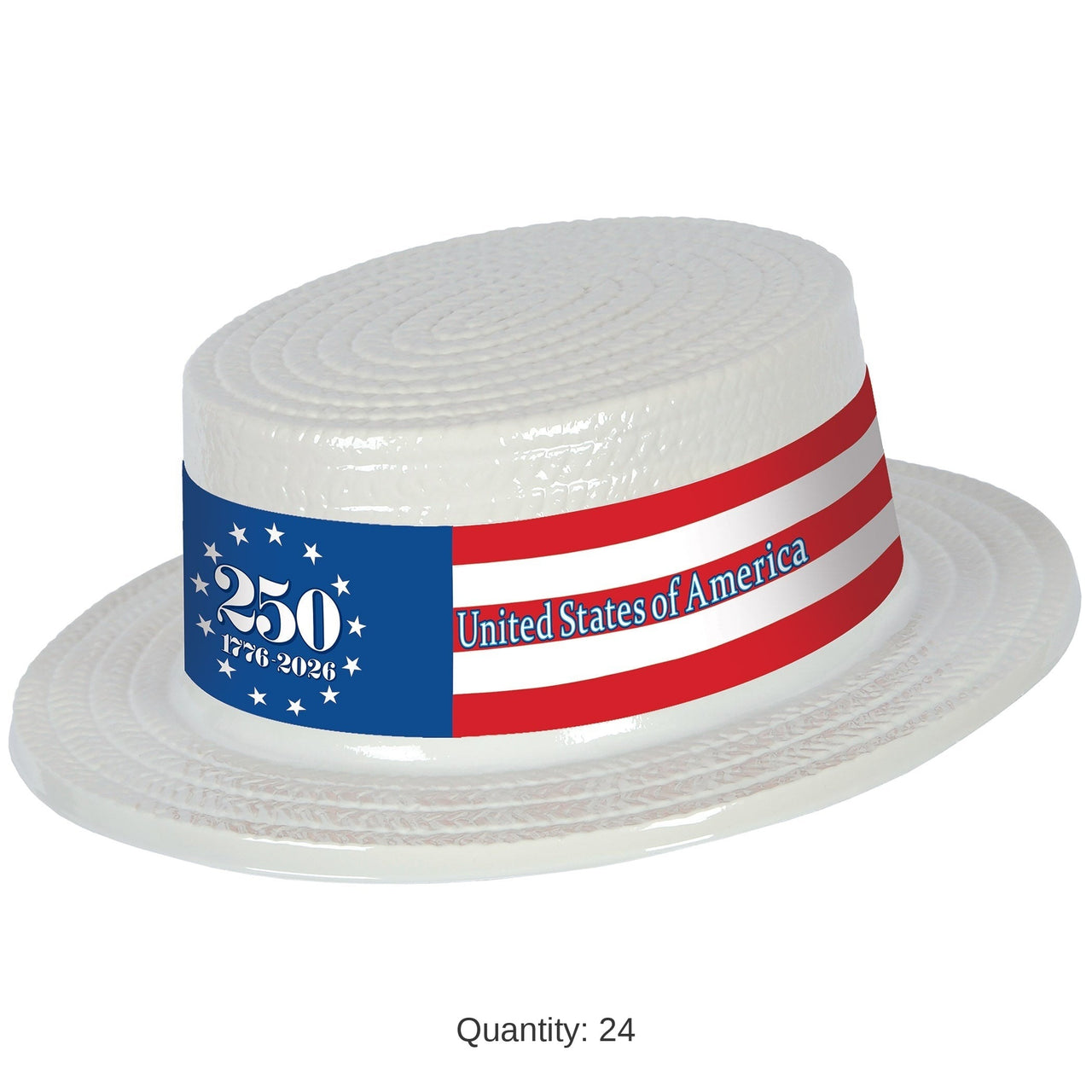 24 Pack Bulk White Plastic Skimmer Hat Patriotic Semiquincentennial
