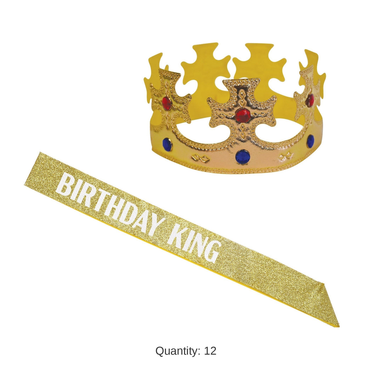 12 Pack Bulk Birthday King's Crown & Glittered Sash Set One Size Fits Most