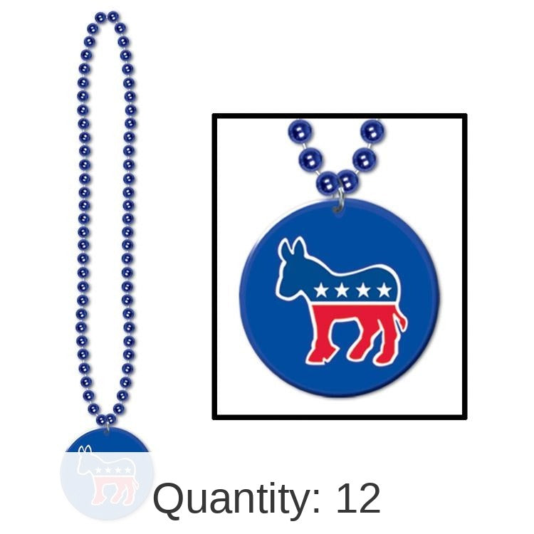 12 Pack Bulk Bead Necklace with Democratic Party Medallion