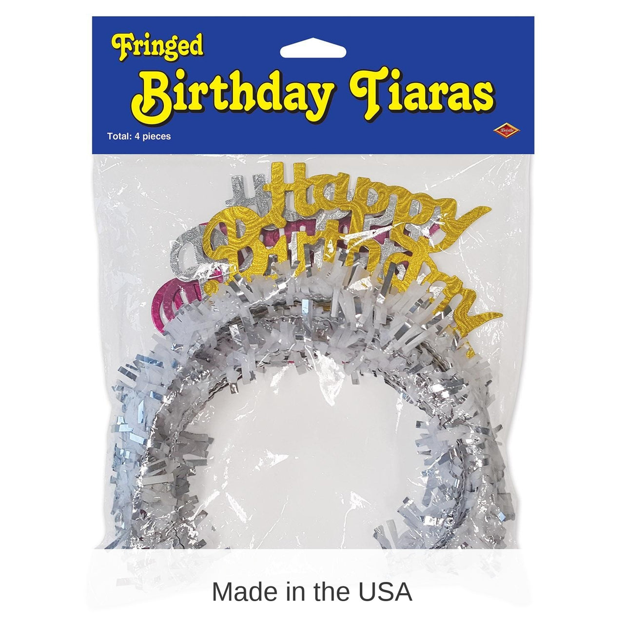 48 Pack Bulk Packaged Happy Birthday Party Tiaras with Fringe