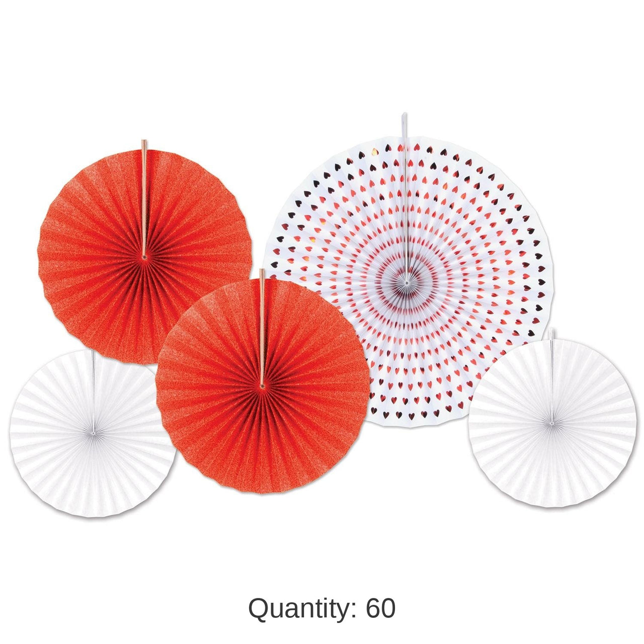 60 Piece Beistle Valentine's Day Paper/Foil Decorative Fans - Asst red/white