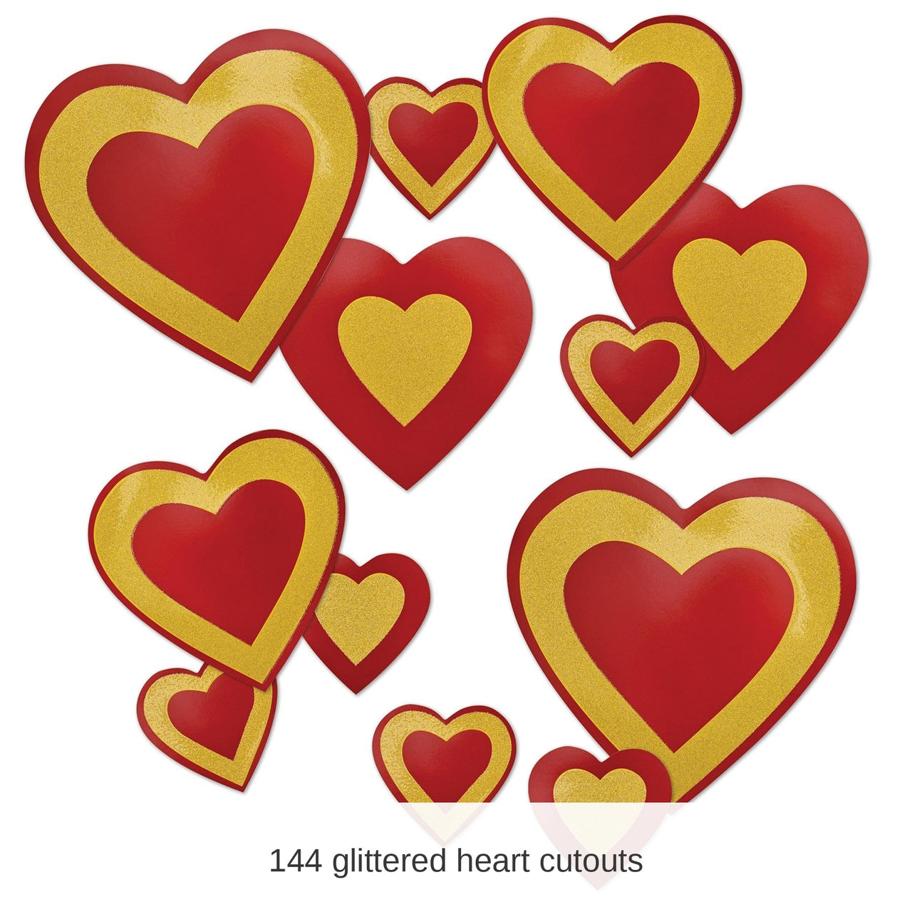 144 Pack Bulk Valentine's Day Glittered Heart Cutouts- Red and Gold