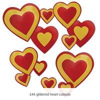 144 Pack Bulk Valentine's Day Glittered Heart Cutouts- Red and Gold