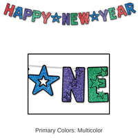 12 Pack Bulk Glittered Happy New Year Streamer - multi-color