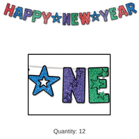 12 Pack Bulk Glittered Happy New Year Streamer - multi-color