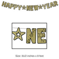 12 Pack Bulk Glittered Happy New Year Streamer - black/gold
