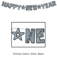 12 Pack Bulk Glittered Happy New Year Streamer - black/silver