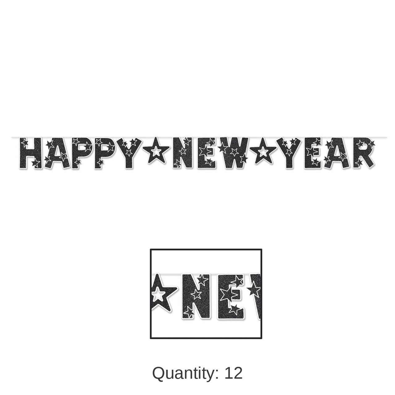 12 Pack Bulk Glittered Happy New Year Streamer - black/white