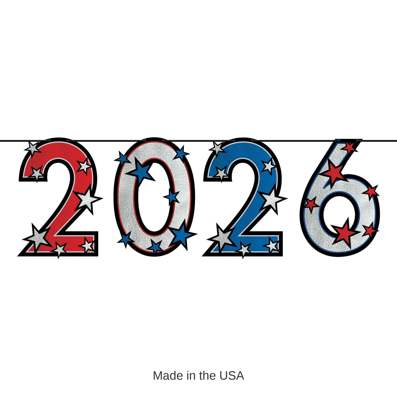 12 Pack Bulk 2026 Patriotic Streamer Red, Silver Blue Glitter