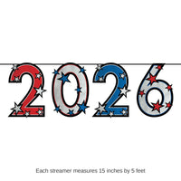 12 Pack Bulk 2026 Patriotic Streamer Red, Silver Blue Glitter