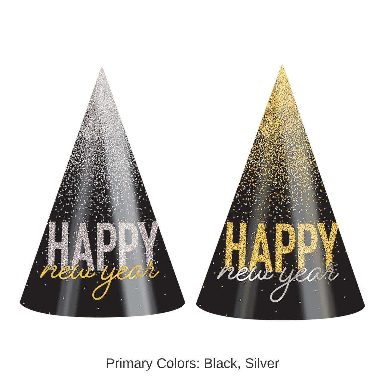 25 Pack Bulk New Year's Eve Silver & Gold Midnight Burst Cone Hats