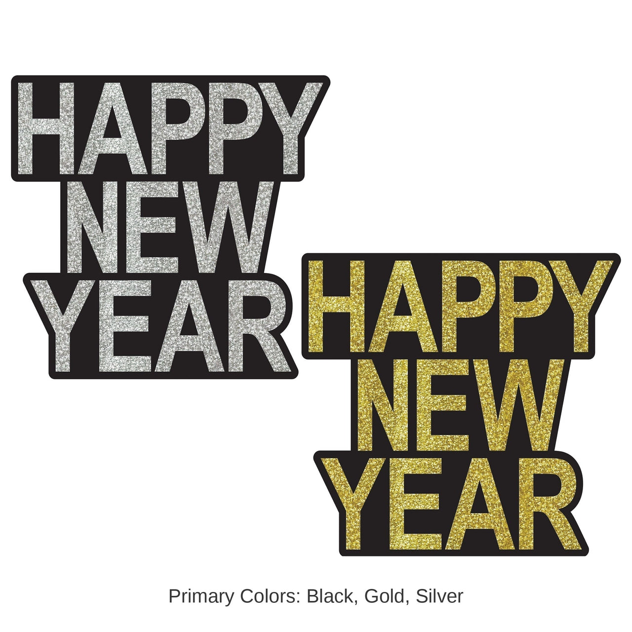 24 Pack Bulk Happy New Year Glitter Cutouts Black & Gold/Silver
