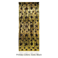 6 Pack Bulk 1-Ply Gleam 'N Party Curtain - gold with prtd black stars