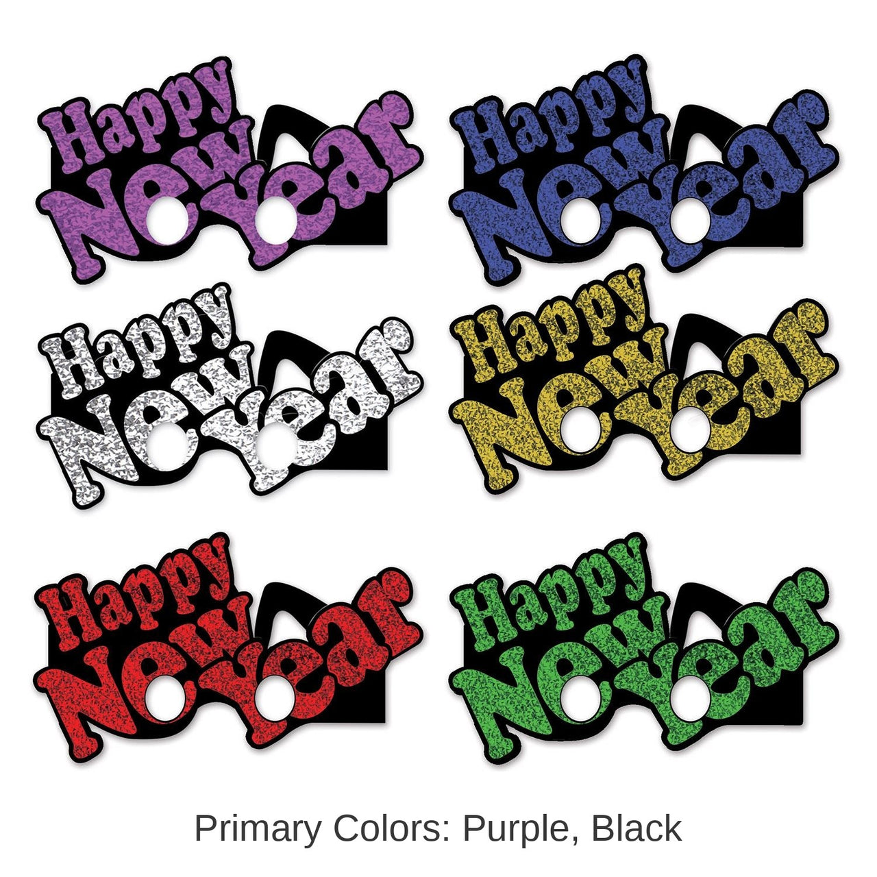 72 Pair Bulk Happy New Year Eyeglasses - Asst colors - glitter print
