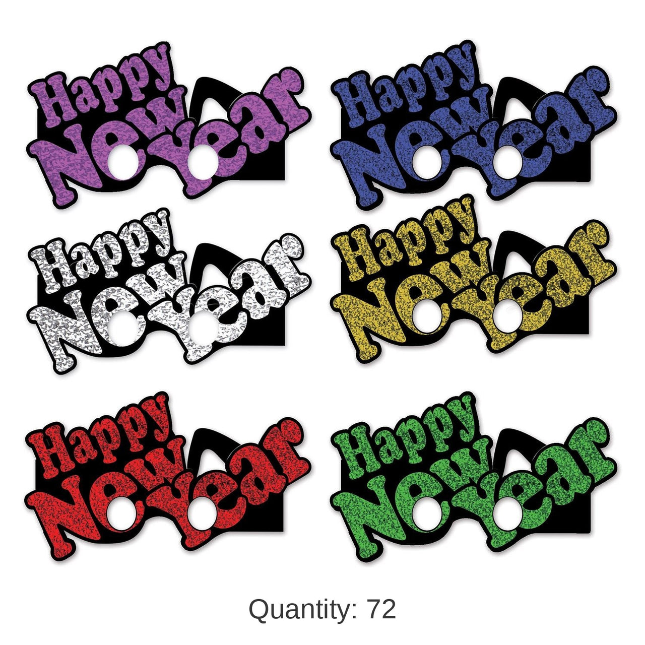 72 Pair Bulk Happy New Year Eyeglasses - Asst colors - glitter print