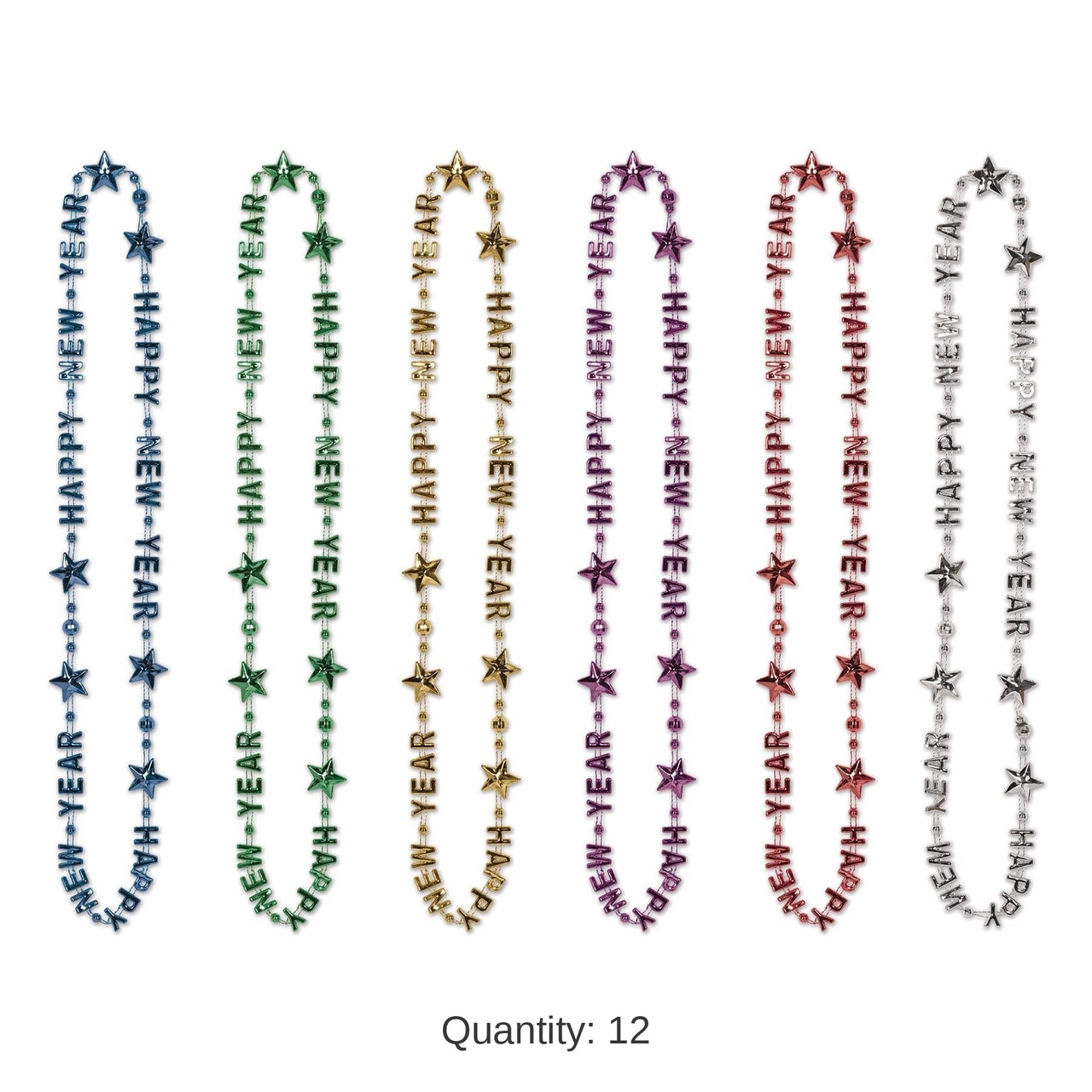 12 Pack Bulk Happy New Year Bead Necklaces- Multicolor