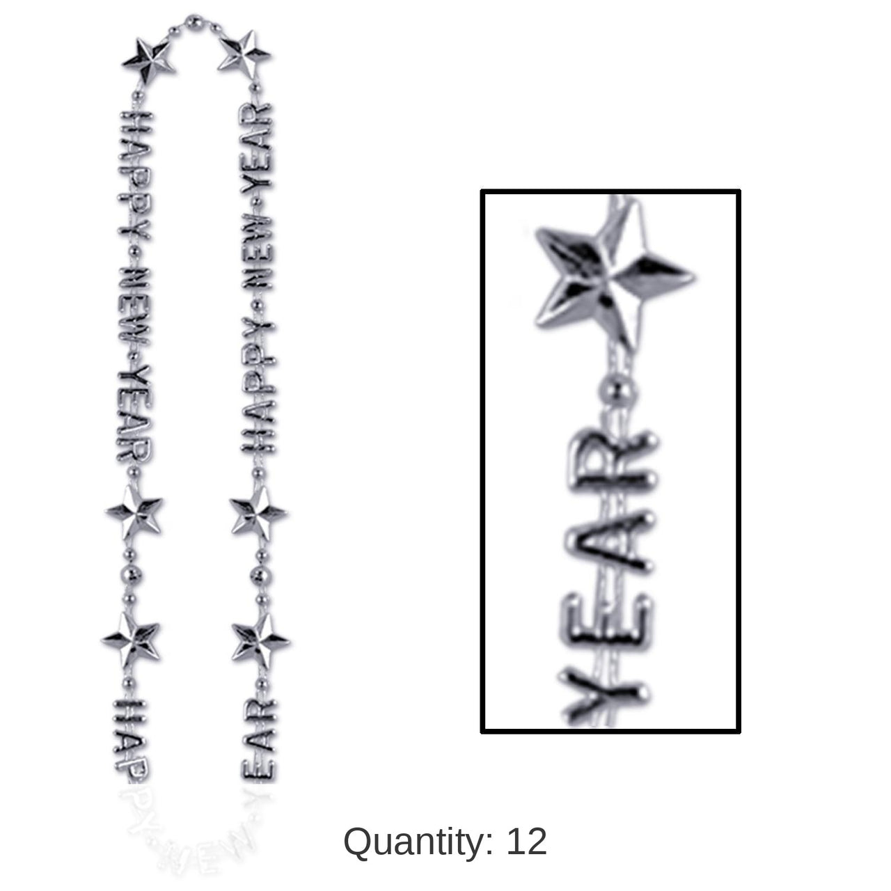 12 Pack Bulk Happy New Year Bead Necklaces - silver