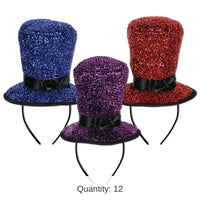 12 Pack Bulk New Year's Eve Sparkling Top Hat Headbands