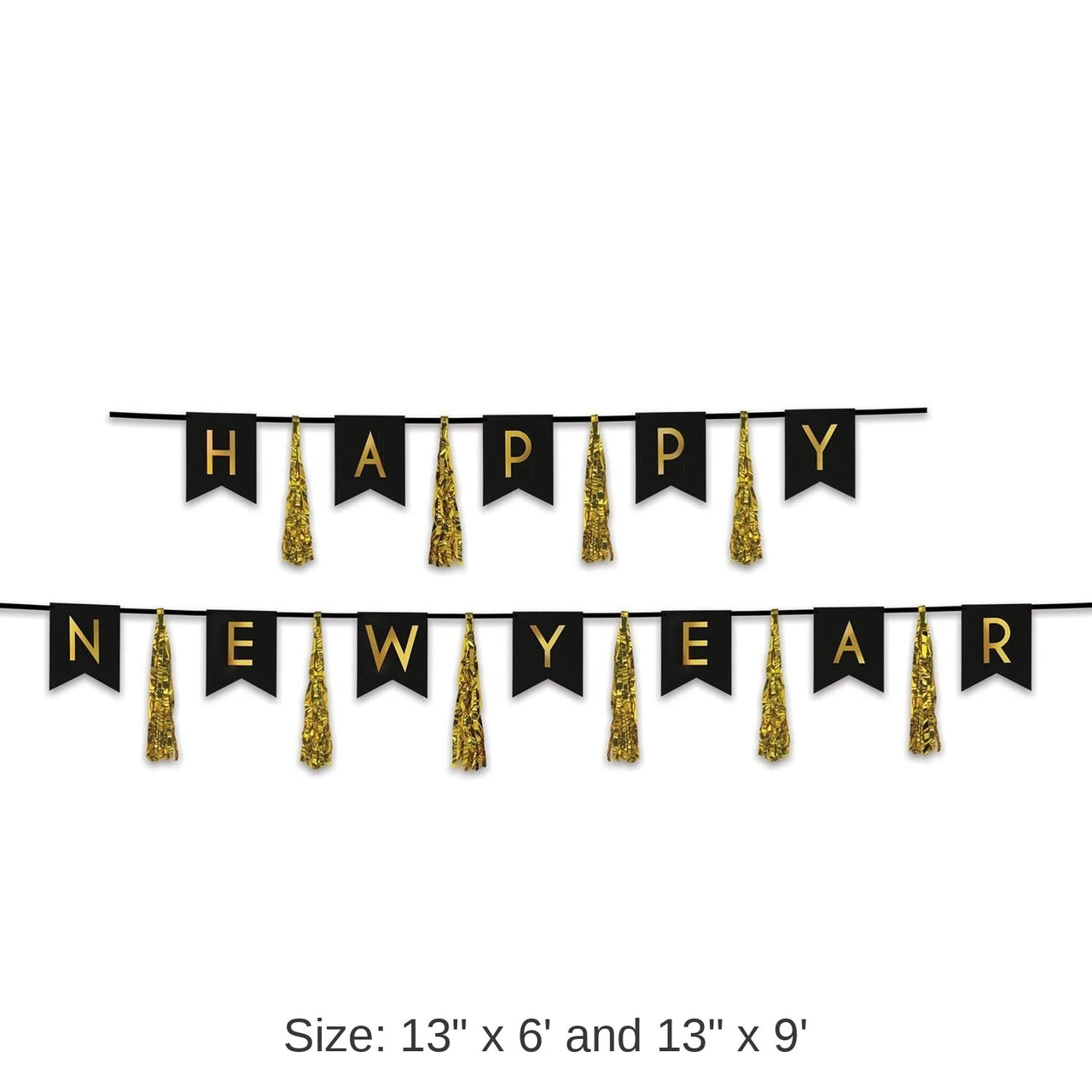 12 Pack Bulk Happy New Year Tassel Streamer- Black and Gold