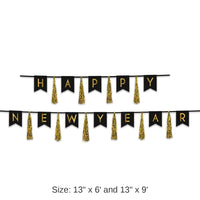 12 Pack Bulk Happy New Year Tassel Streamer- Black and Gold