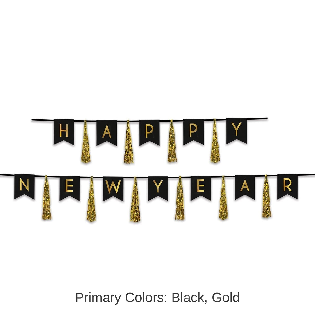 12 Pack Bulk Happy New Year Tassel Streamer- Black and Gold