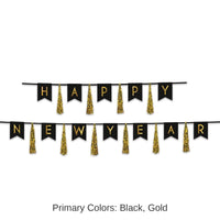 12 Pack Bulk Happy New Year Tassel Streamer- Black and Gold