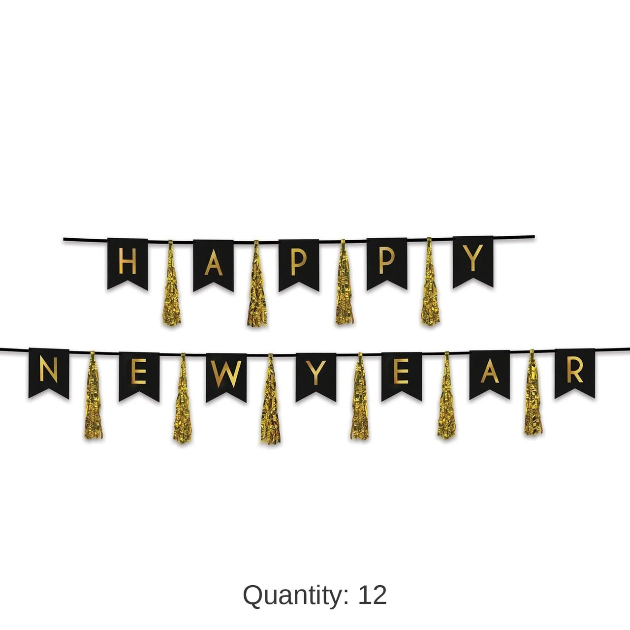12 Pack Bulk Happy New Year Tassel Streamer- Black and Gold