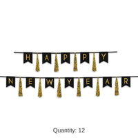 12 Pack Bulk Happy New Year Tassel Streamer- Black and Gold