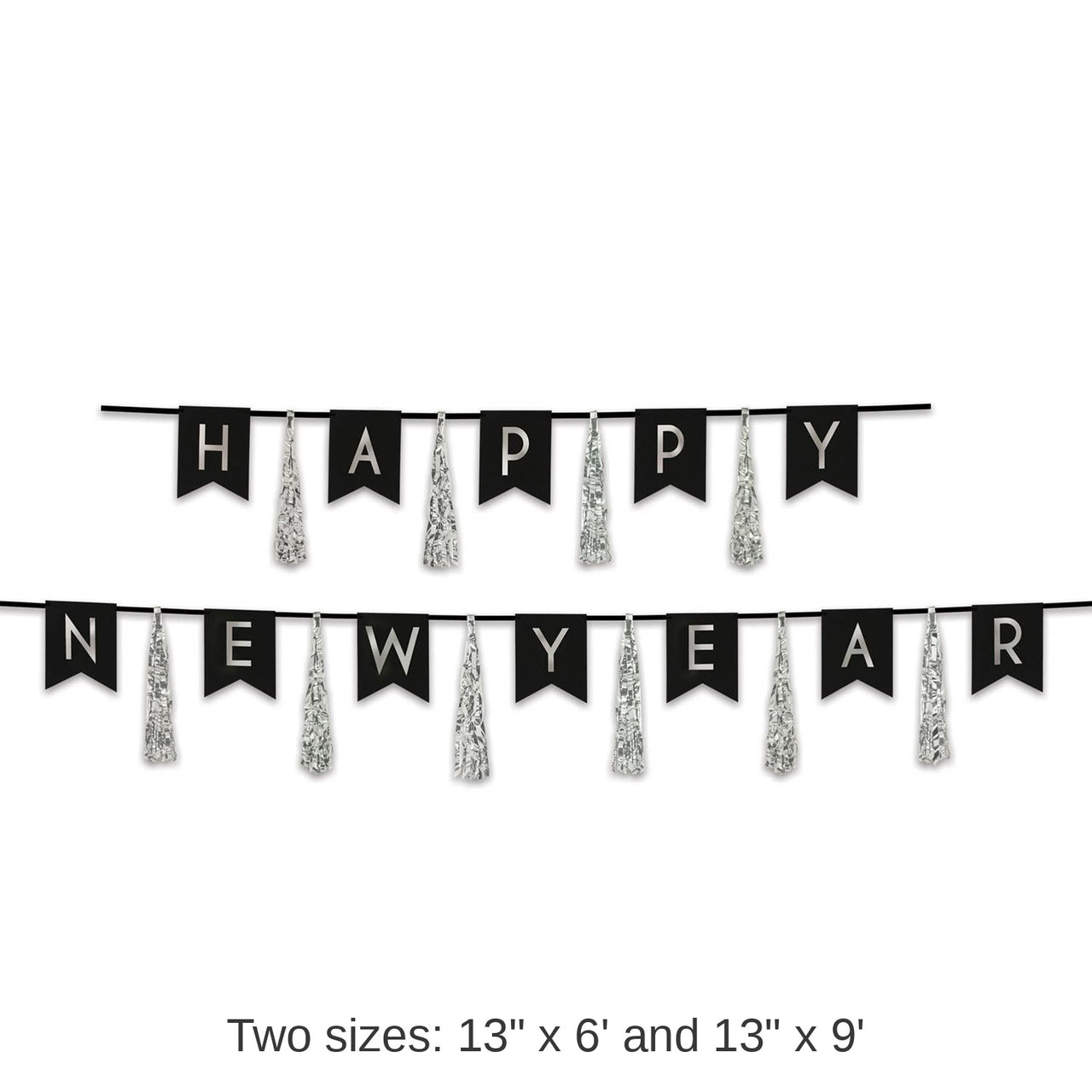 12 Pack Bulk Happy New Year Tassel Streamer- Black and Silver