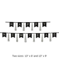 12 Pack Bulk Happy New Year Tassel Streamer- Black and Silver