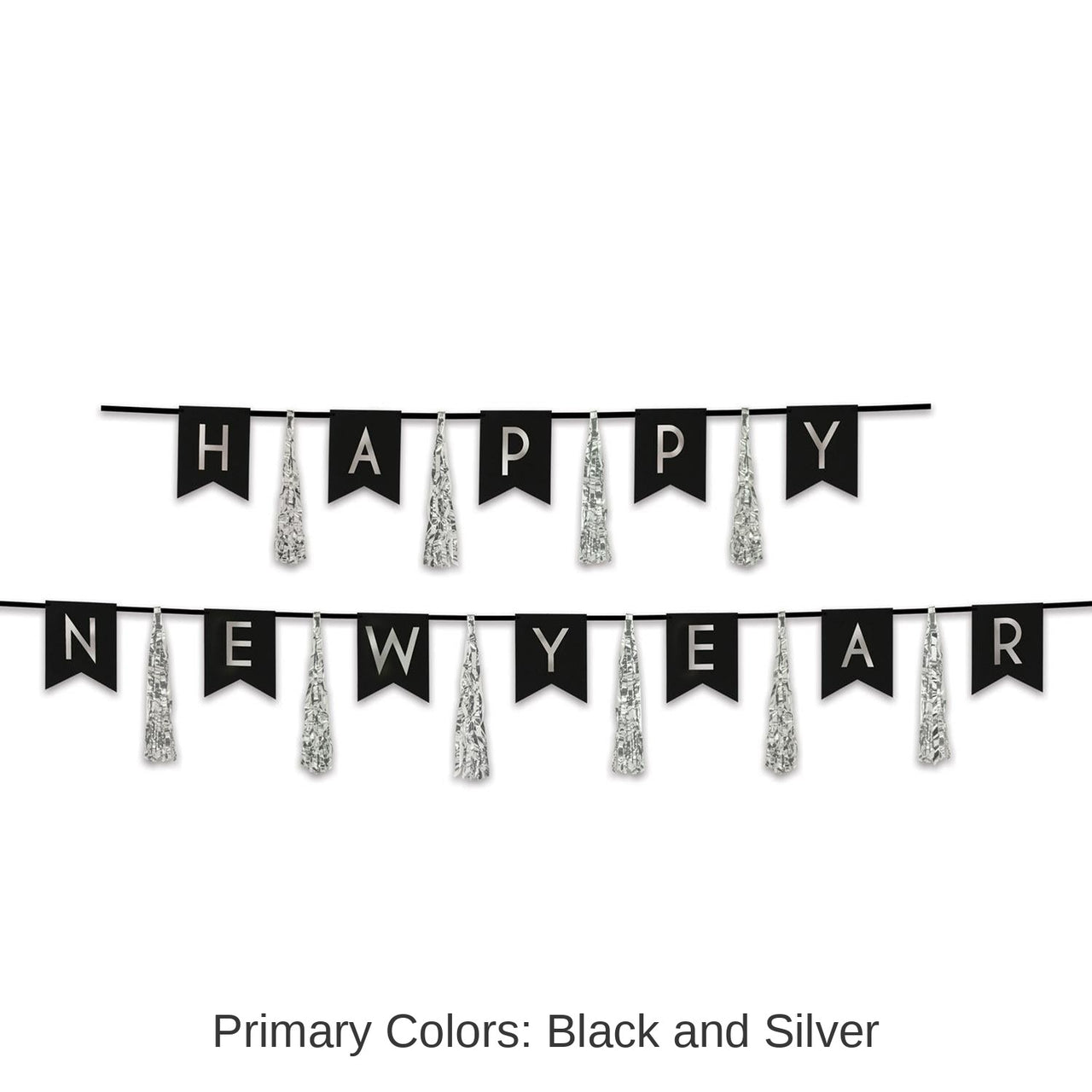 12 Pack Bulk Happy New Year Tassel Streamer- Black and Silver