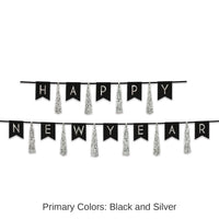 12 Pack Bulk Happy New Year Tassel Streamer- Black and Silver