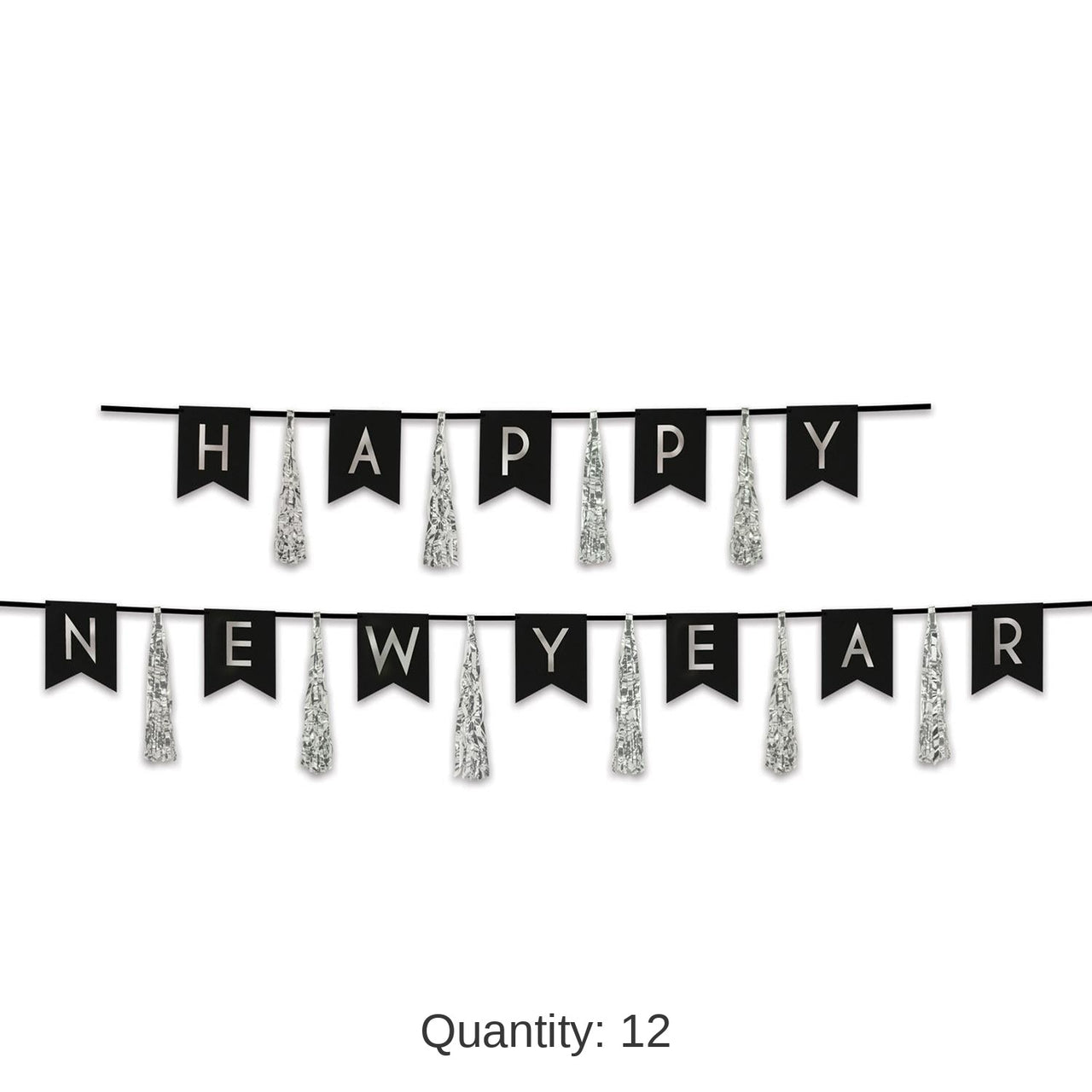12 Pack Bulk Happy New Year Tassel Streamer- Black and Silver