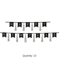 12 Pack Bulk Happy New Year Tassel Streamer- Black and Silver