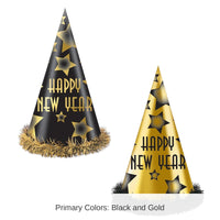 25 Pack Bulk Happy New Year Party Hats Black and Gold