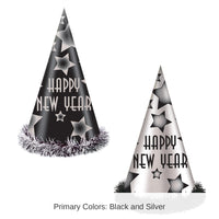 25 Pack Bulk Happy New Year Party Hats Black and Silver