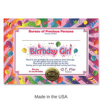 6 Pack Bulk Birthday Girl Certificate