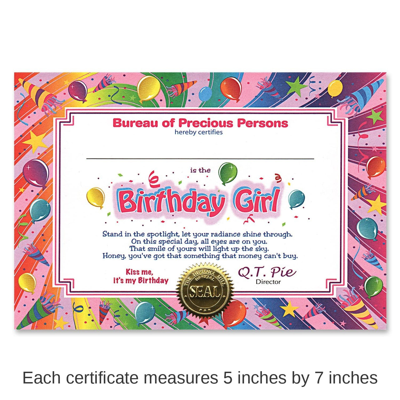 6 Pack Bulk Birthday Girl Certificate
