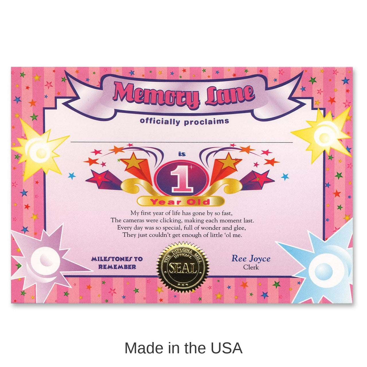6 Pack Bulk 1 Year Old (Girl) Certificate