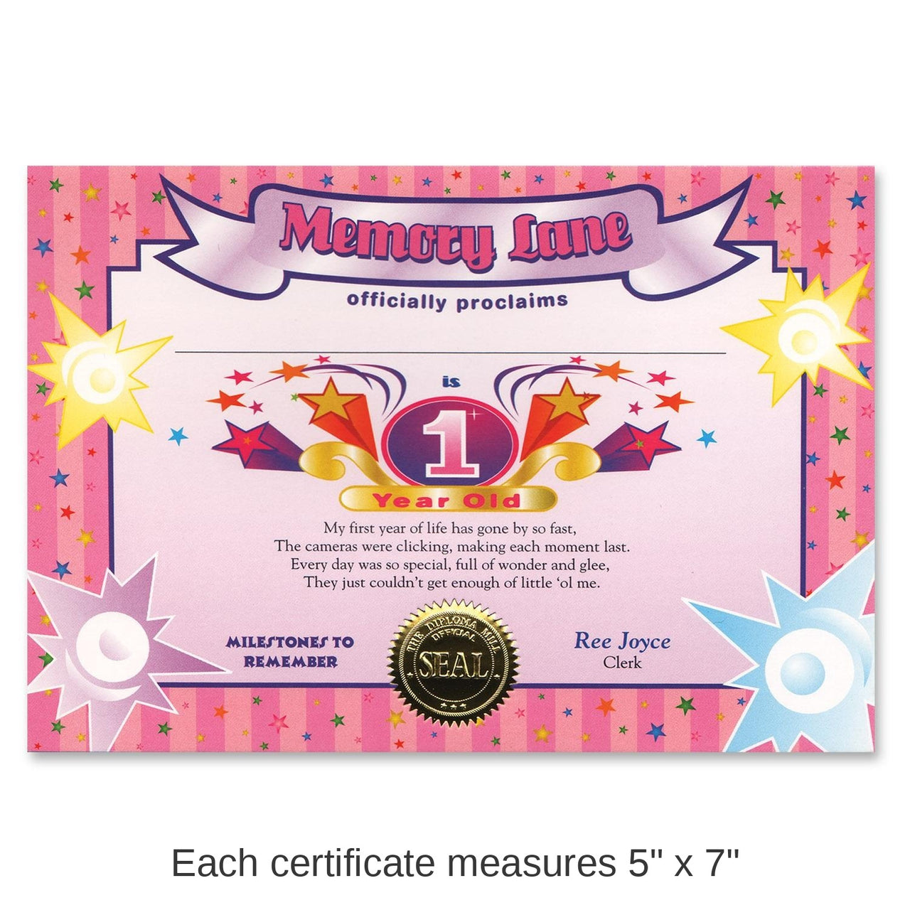 6 Pack Bulk 1 Year Old (Girl) Certificate