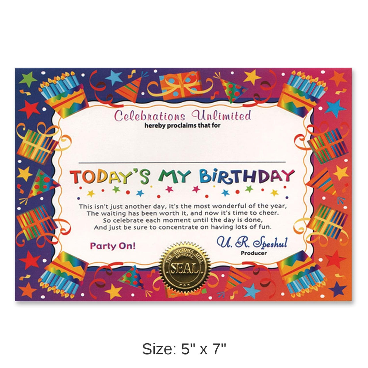 6 Pack Bulk Today's My Birthday Certificate
