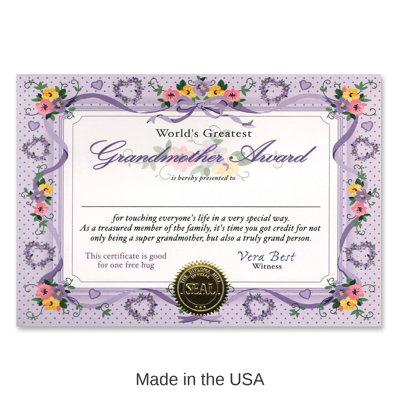 6 Pack Bulk World's Greatest Grandmother Certificate